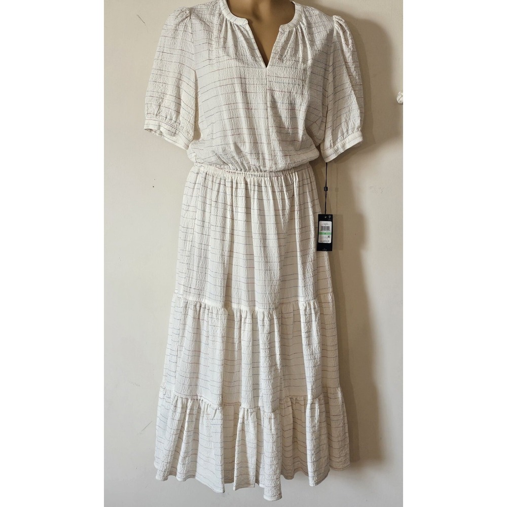 New Tommy Hilfiger Dress Tiered Ivory Crepe Thin Multi Color Stripe V-Neck Sz 8
